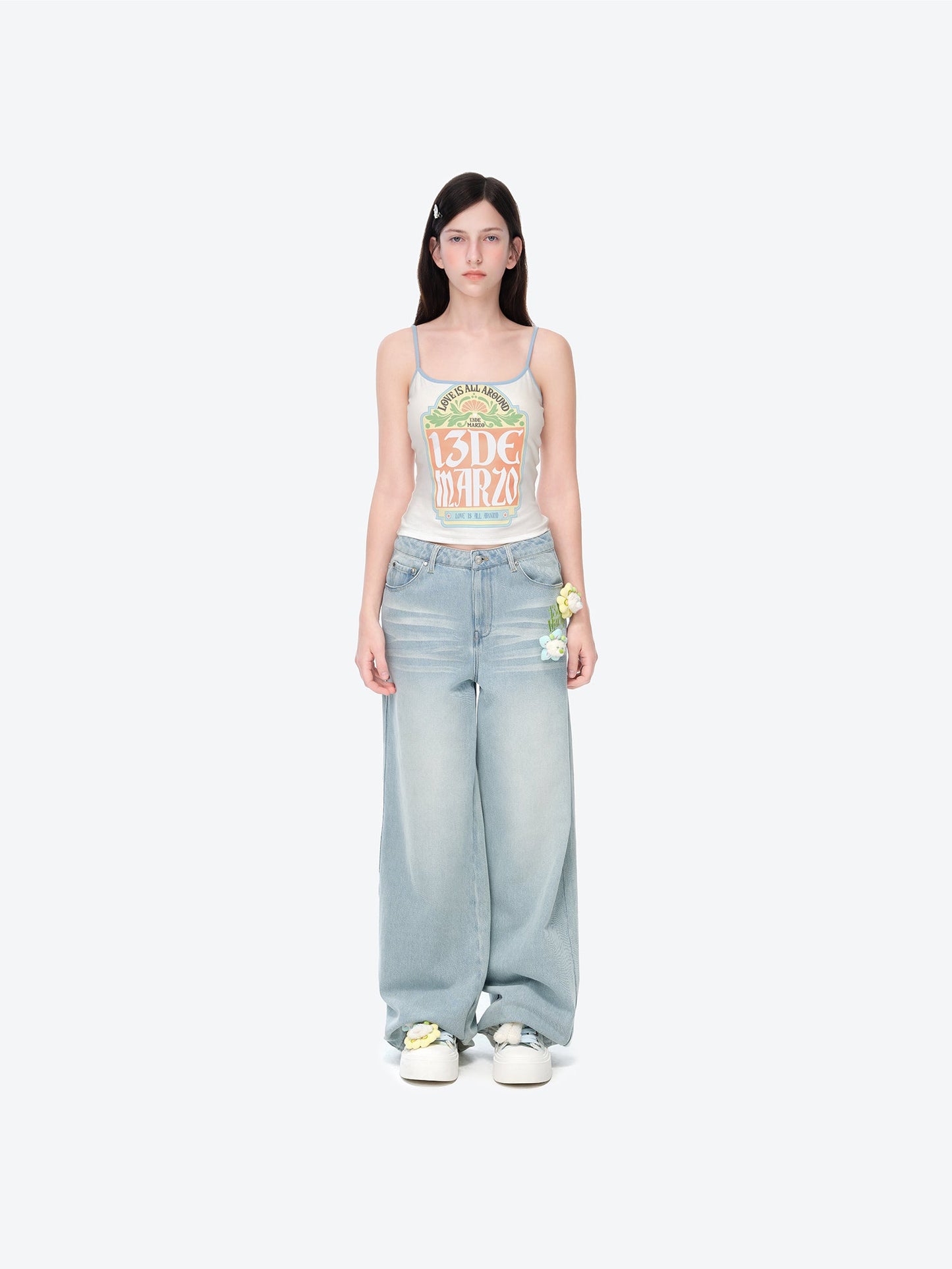 13DE MARZO Floral Bear Pocket Print Jeans Blue
