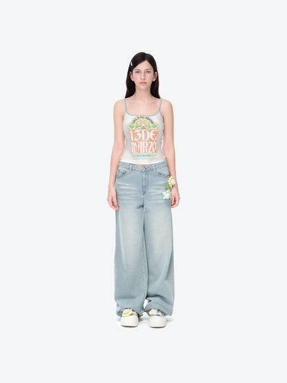 13DE MARZO Floral Bear Pocket Print Jeans Blue