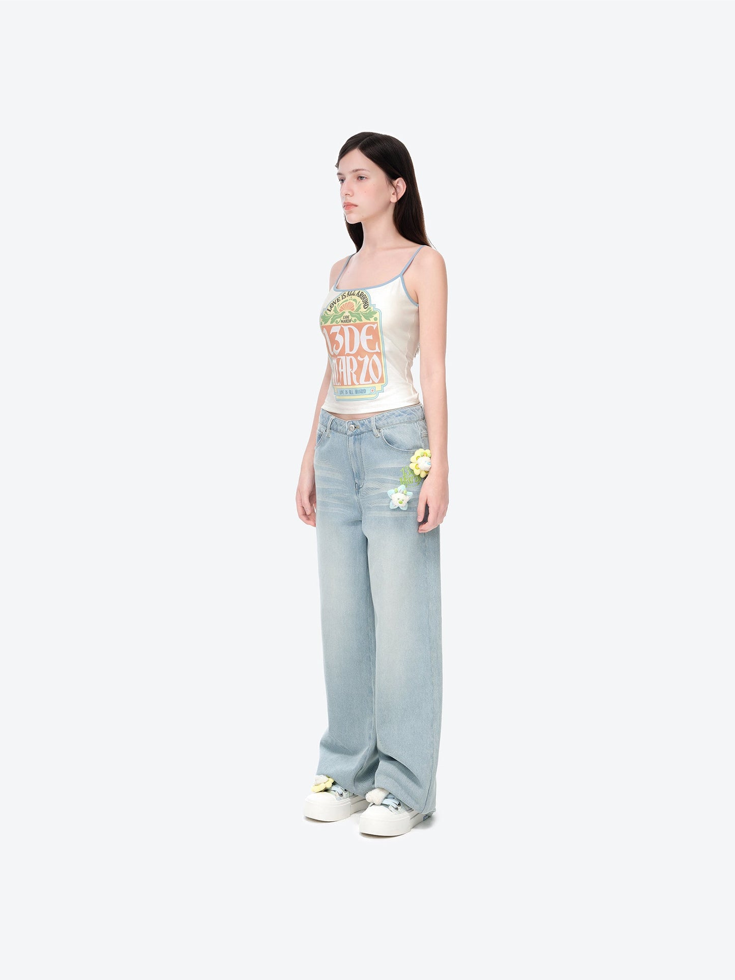 13DE MARZO Floral Bear Pocket Print Jeans Blue