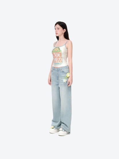 13DE MARZO Floral Bear Pocket Print Jeans Blue