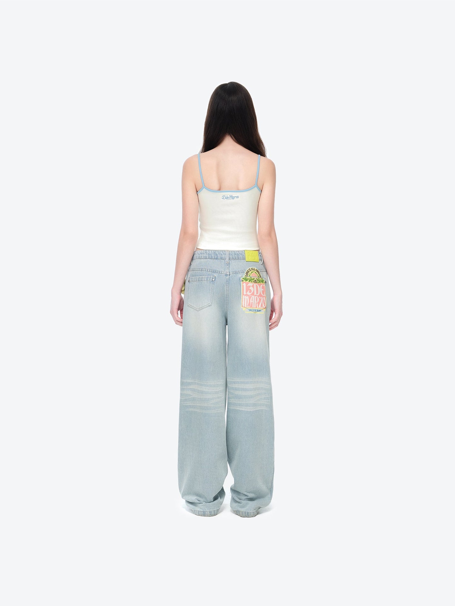 13DE MARZO Floral Bear Pocket Print Jeans Blue