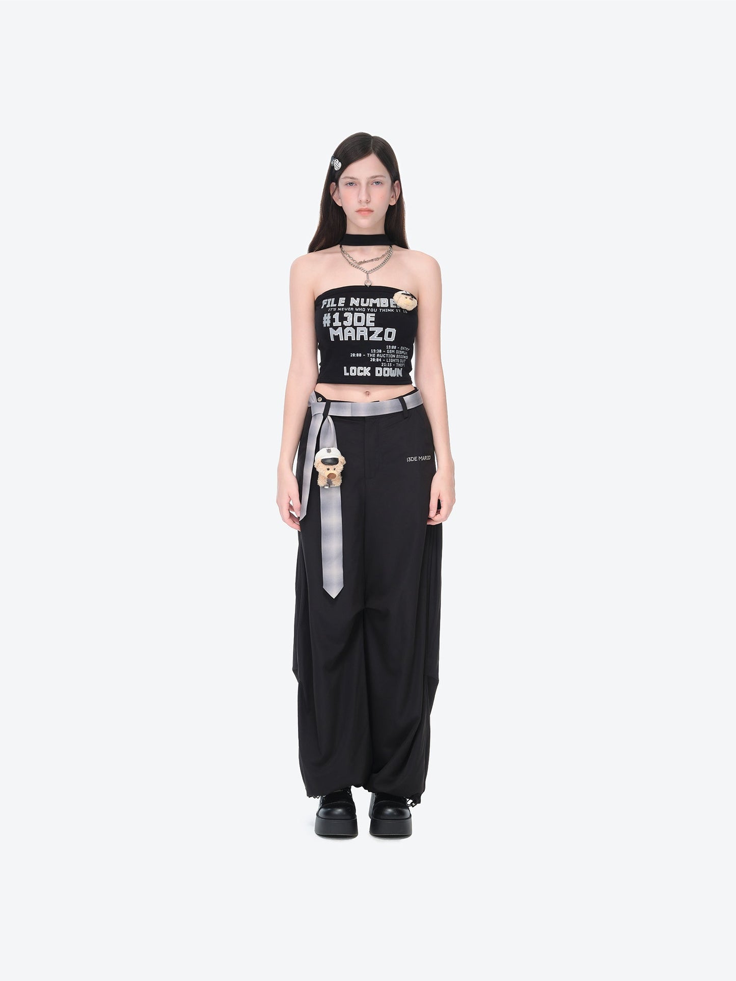 13DE MARZO Silver Foil Chain Print Bustier Top Black