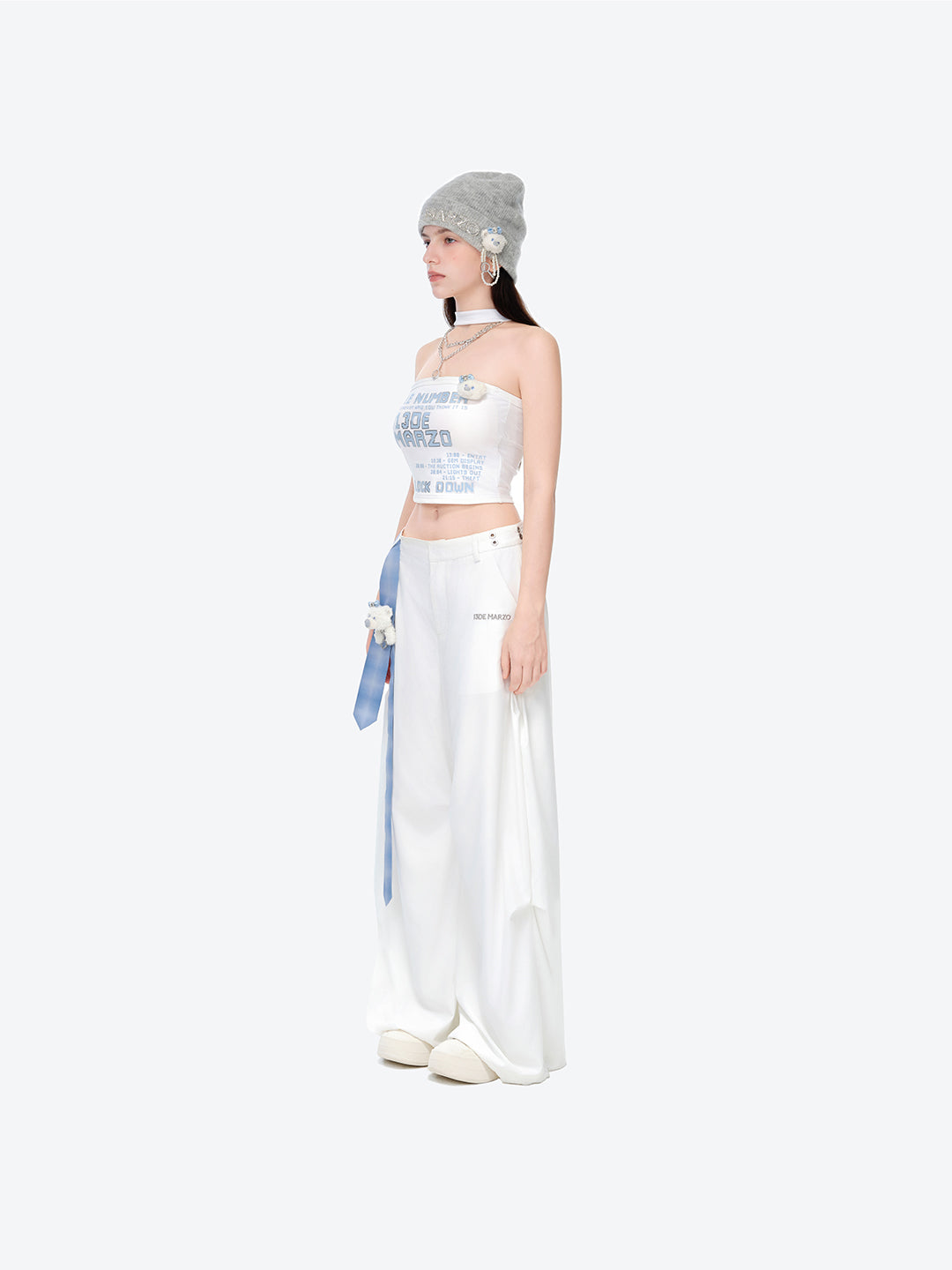 13DE MARZO Silver Foil Chain Print Bustier Top White