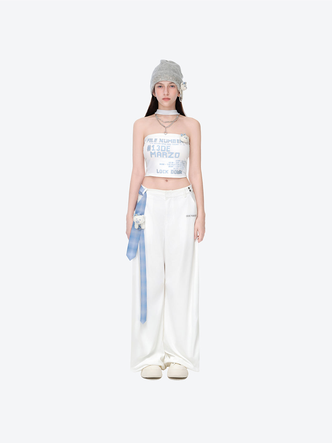 13DE MARZO Silver Foil Chain Print Bustier Top White