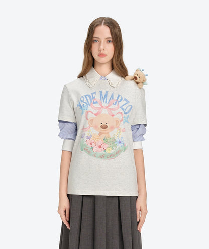 13DE MARZO Floral Bear Illustration T-Shirt Grey