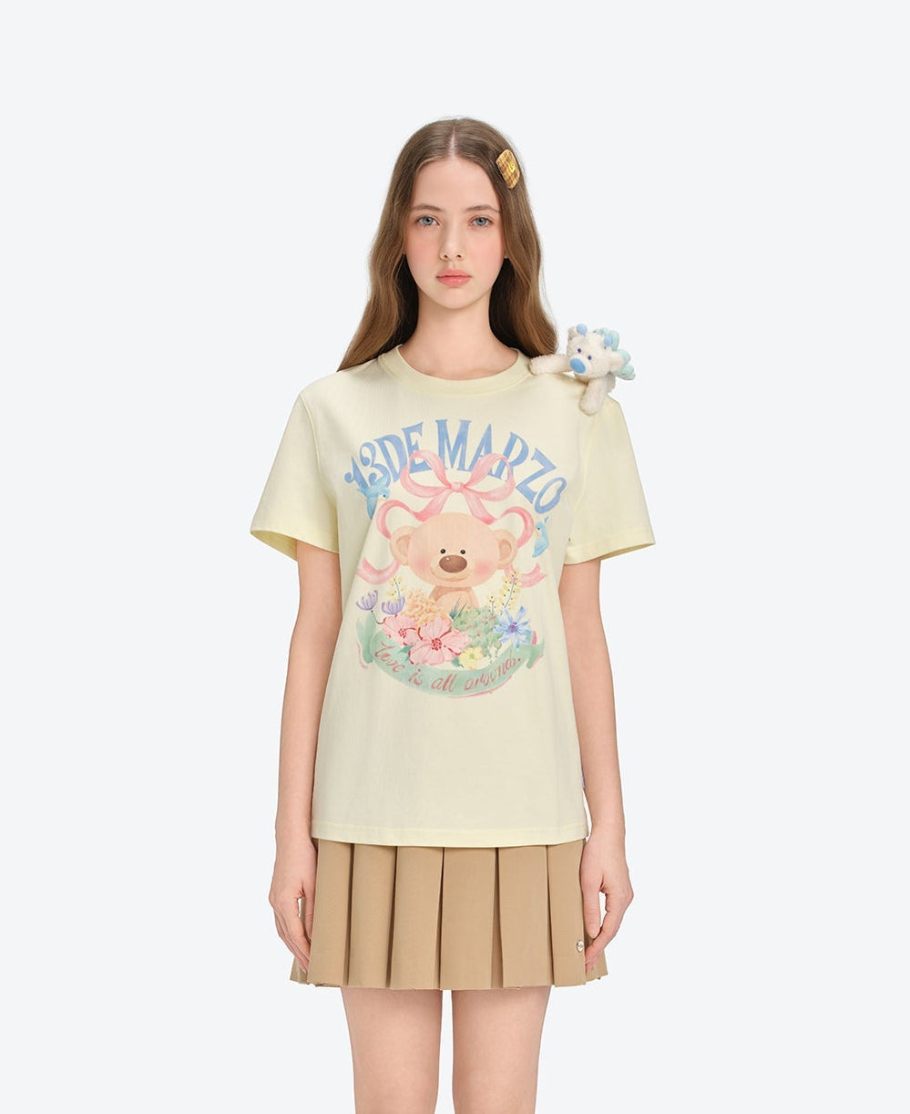 13DE MARZO Floral Bear Illustration T-Shirt Yellow