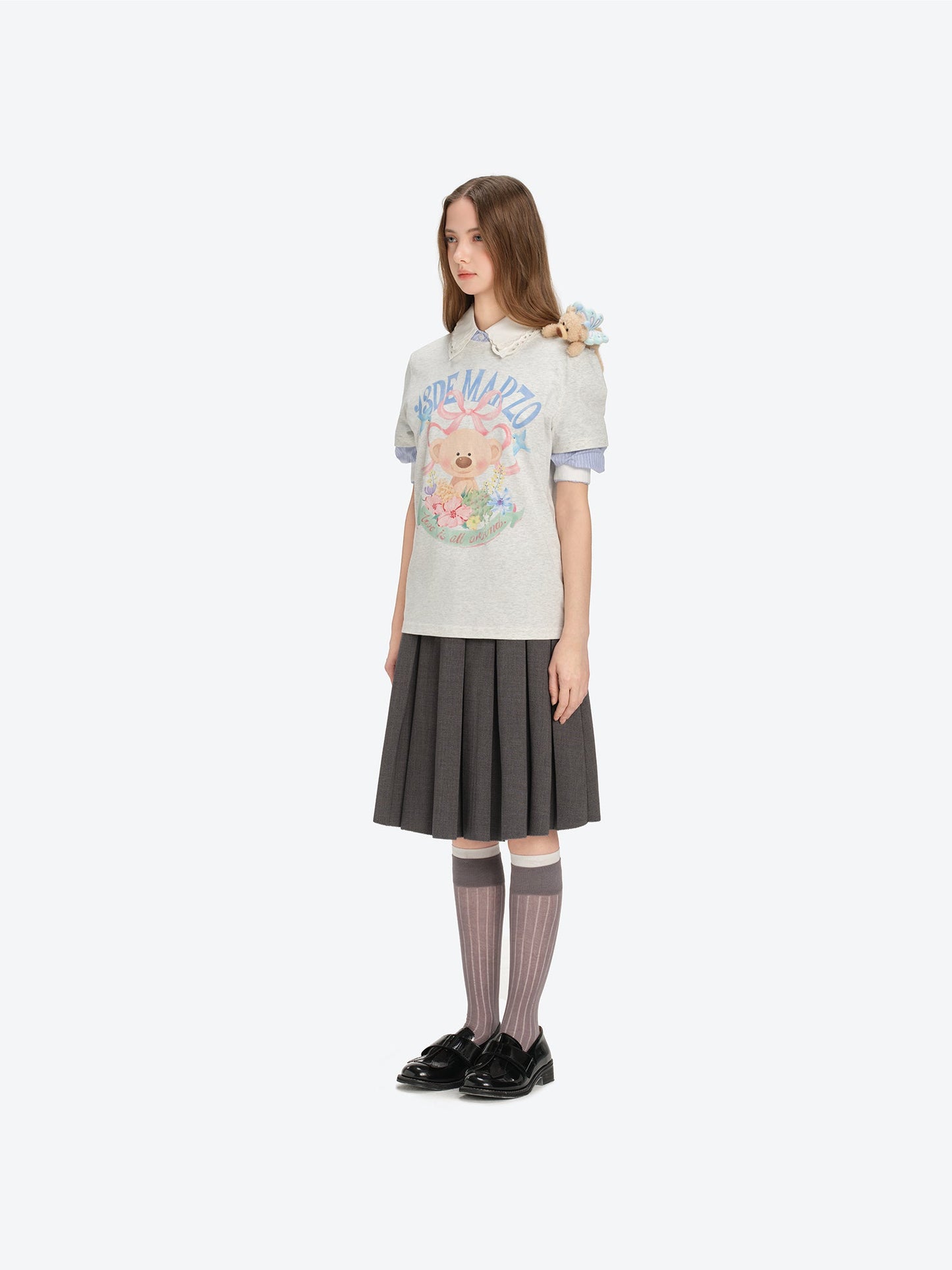13DE MARZO Floral Bear Illustration T-Shirt Grey