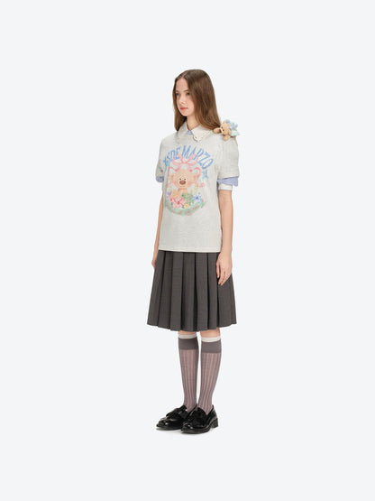 13DE MARZO Floral Bear Illustration T-Shirt Grey