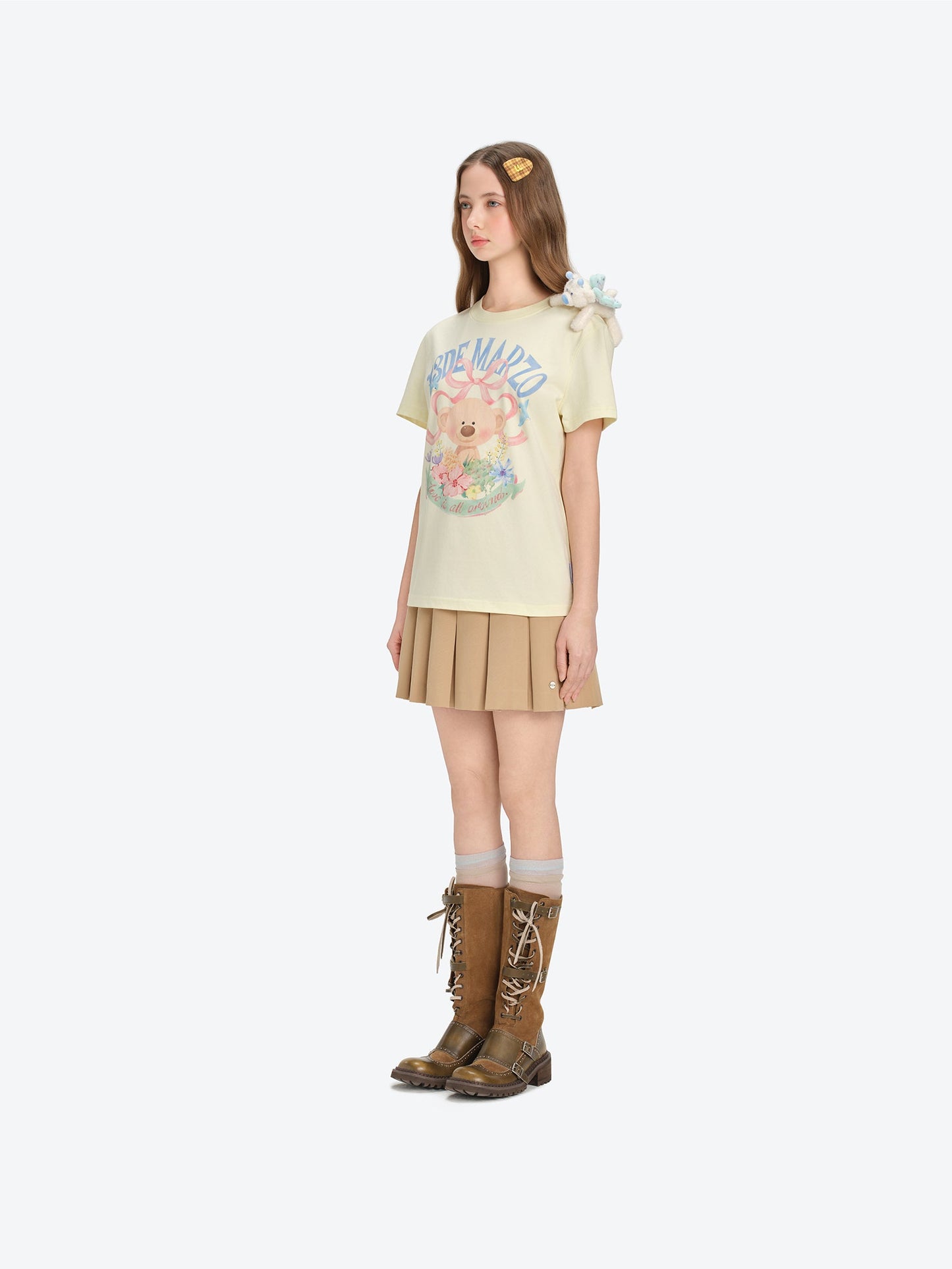 13DE MARZO Floral Bear Illustration T-Shirt Yellow