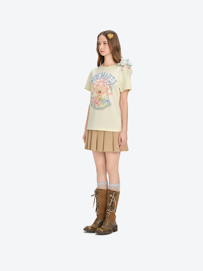 13DE MARZO Floral Bear Illustration T-Shirt Yellow