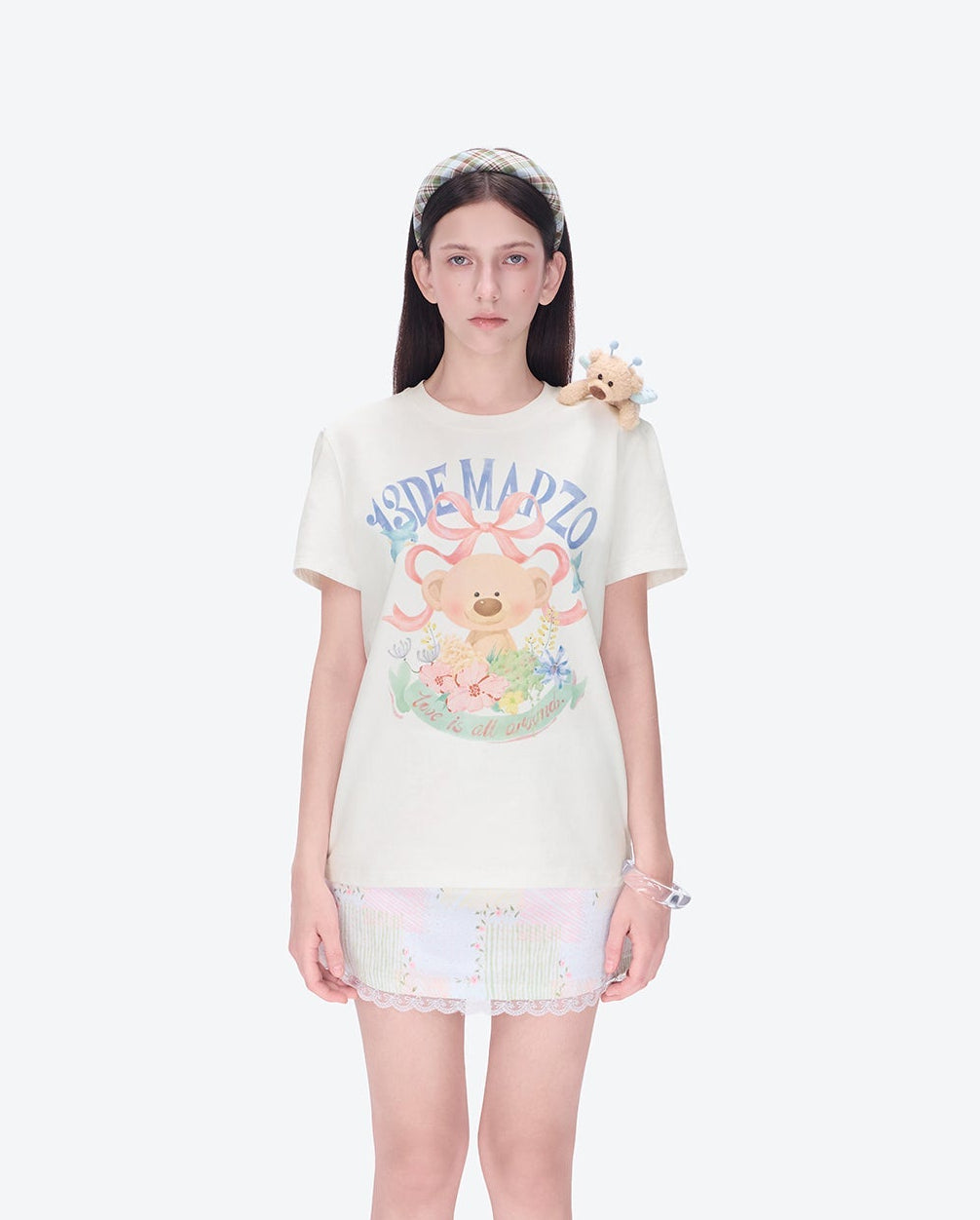 13DE MARZO Floral Bear Illustration T-Shirt White