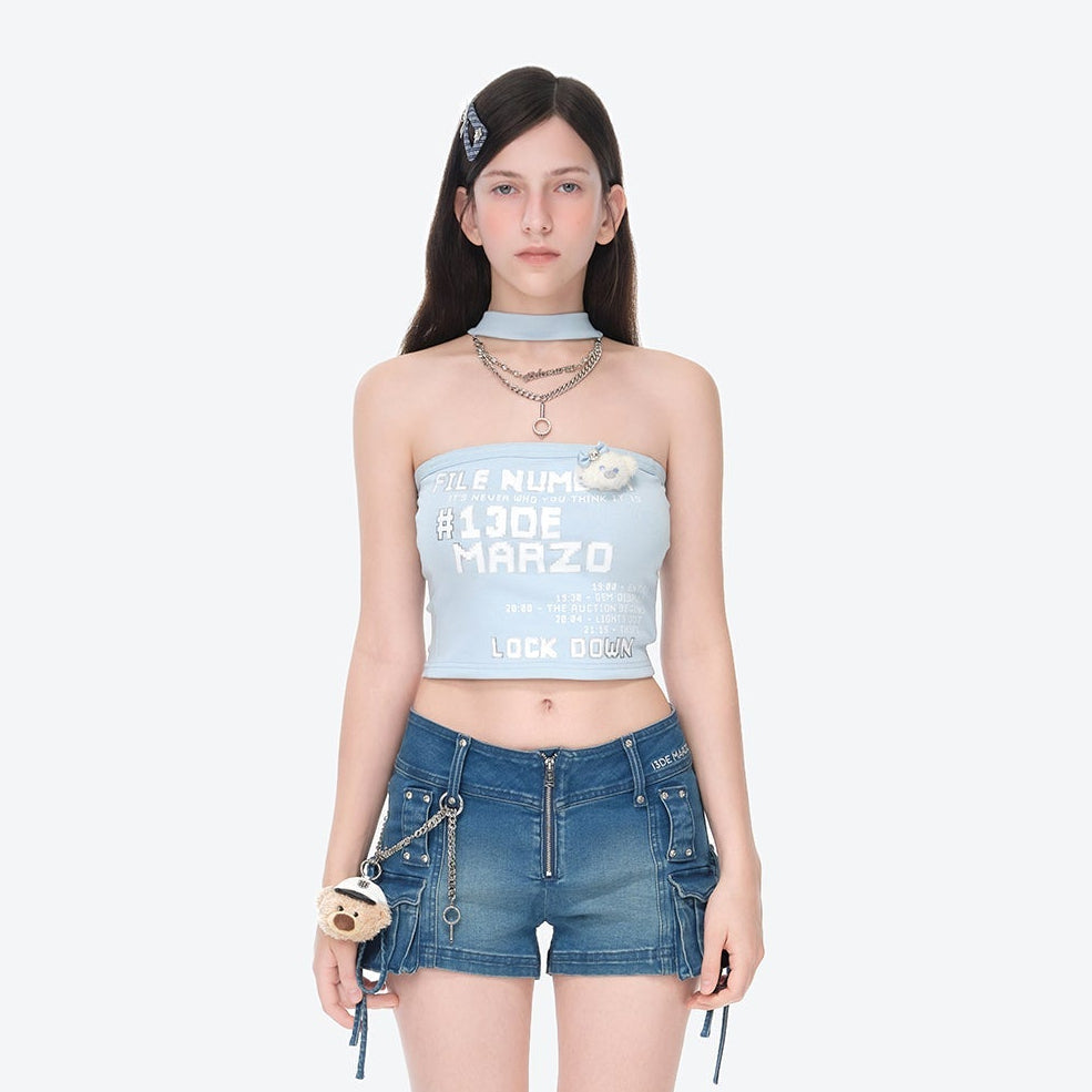 13DE MARZO Silver Foil Chain Print Bustier Top Blue