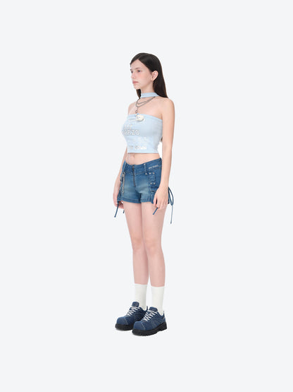 13DE MARZO Silver Foil Chain Print Bustier Top Blue