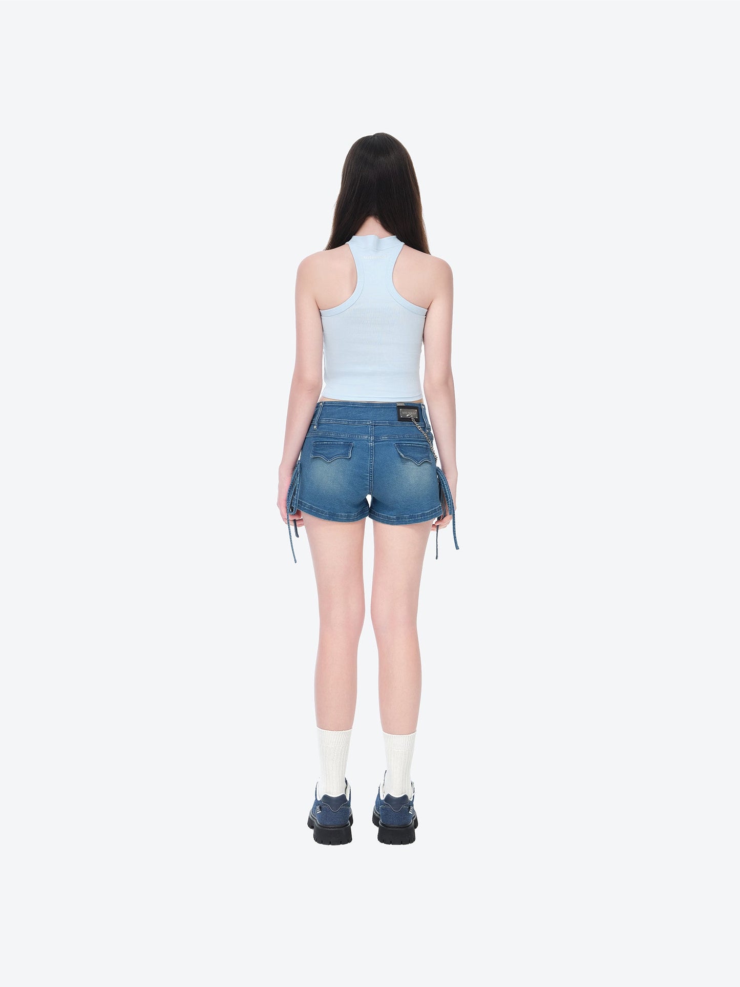 13DE MARZO Silver Foil Chain Print Bustier Top Blue
