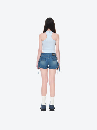 13DE MARZO Silver Foil Chain Print Bustier Top Blue