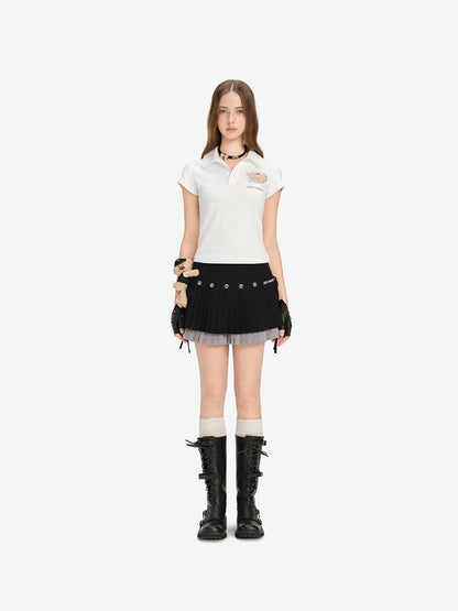 13DE MARZO Faux Rhinestones Double-Layer Pleated Skirt Black
