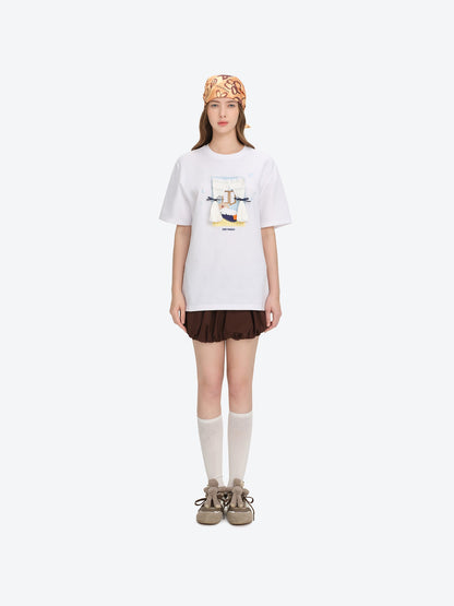 13DE MARZO Patchwork Bear Bath Scene T-shirt White