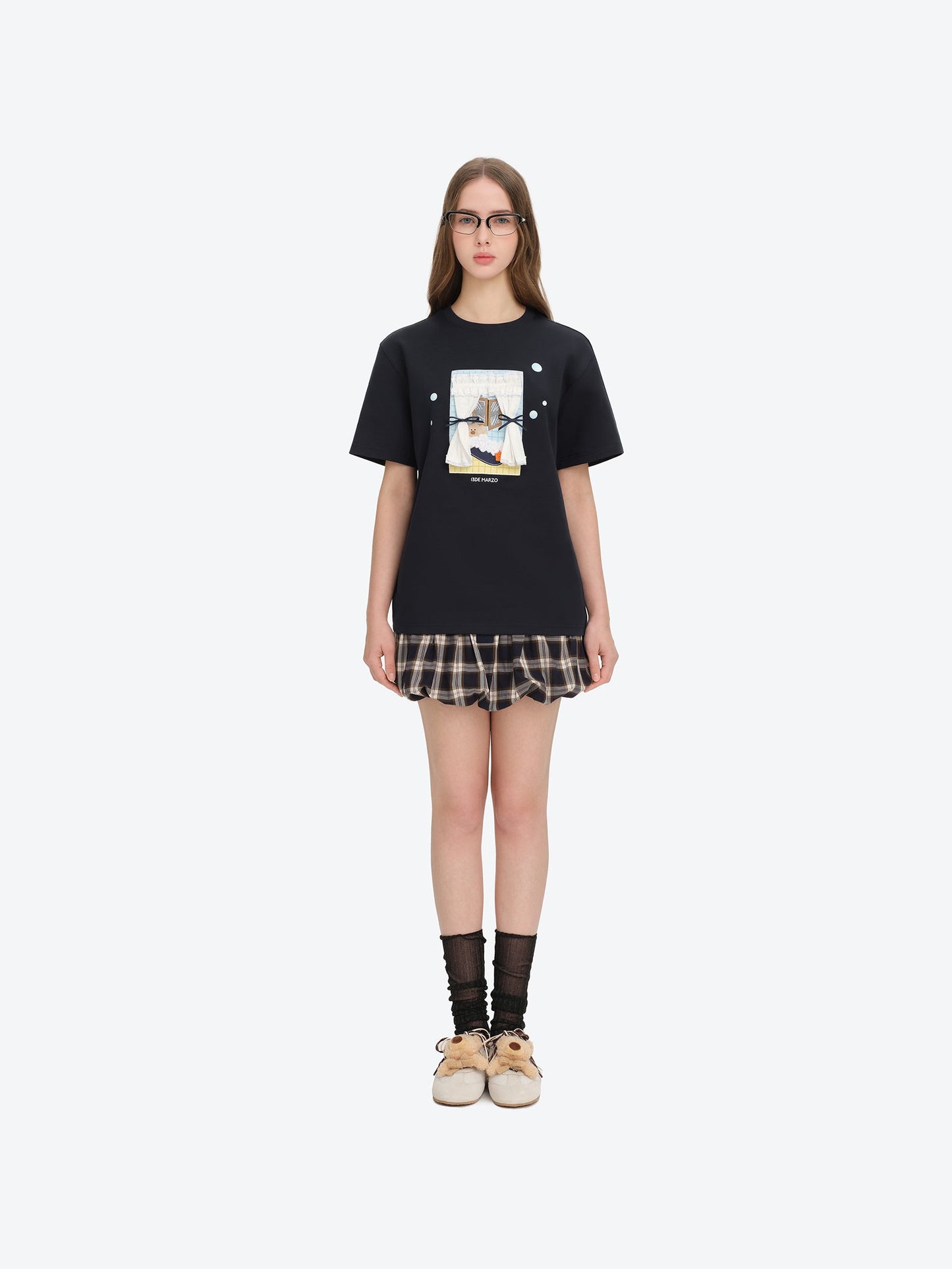13DE MARZO Patchwork Bear Bath Scene T-shirt Navy Blue