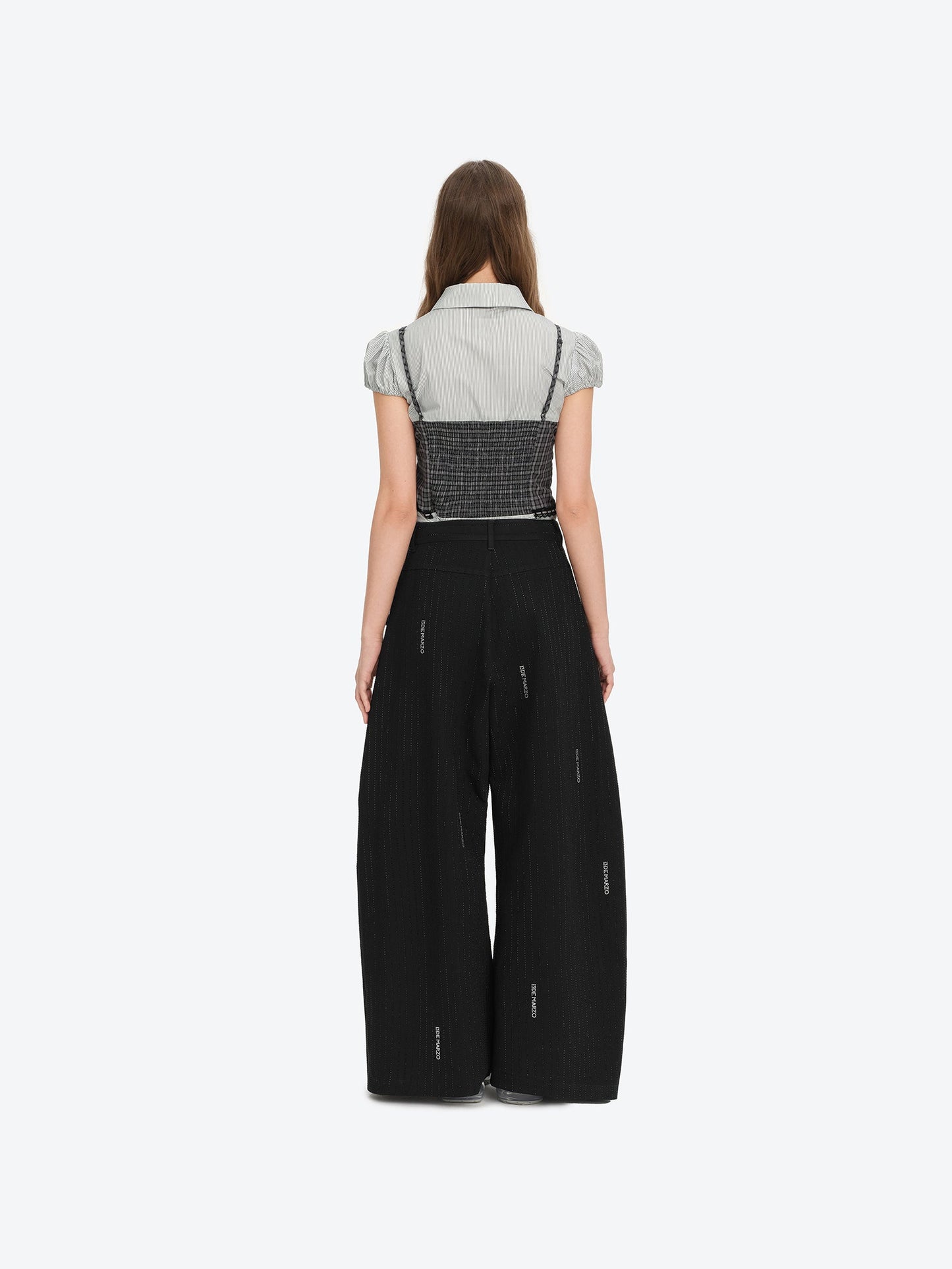 13DE MARZO Curved-Hem Stripe Rhinestone Trousers Black