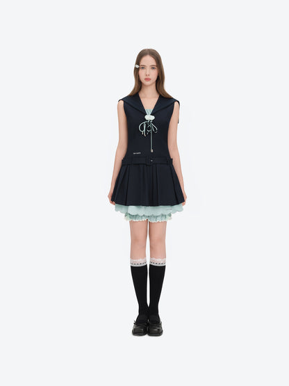 13DE MARZO Sailor Collar Dress Two-Piece Set Navy Blue