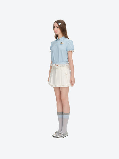 13DE MARZO Smocked Puff Sleeve Polo Style T-shirt Blue
