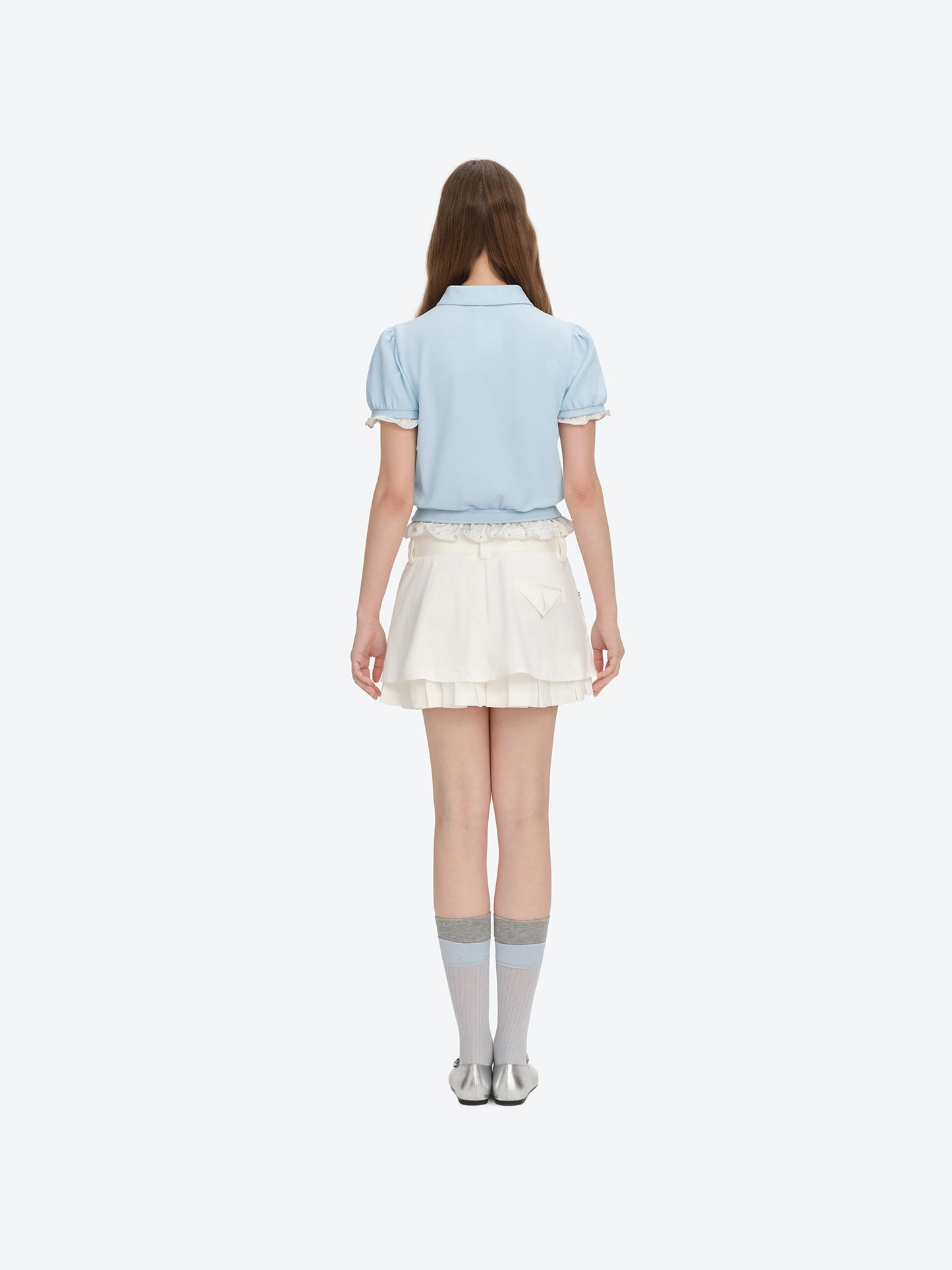 13DE MARZO Smocked Puff Sleeve Polo Style T-shirt Blue