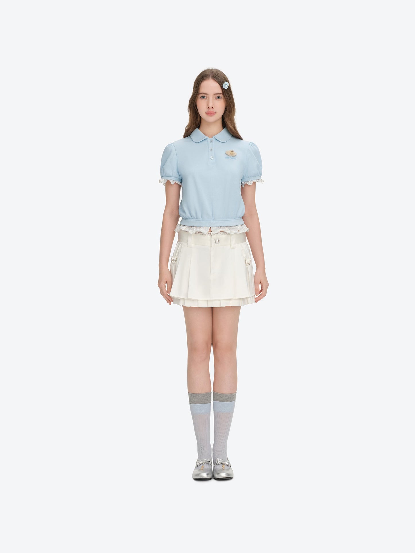 13DE MARZO Smocked Puff Sleeve Polo Style T-shirt Blue