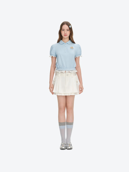 13DE MARZO Smocked Puff Sleeve Polo Style T-shirt Blue