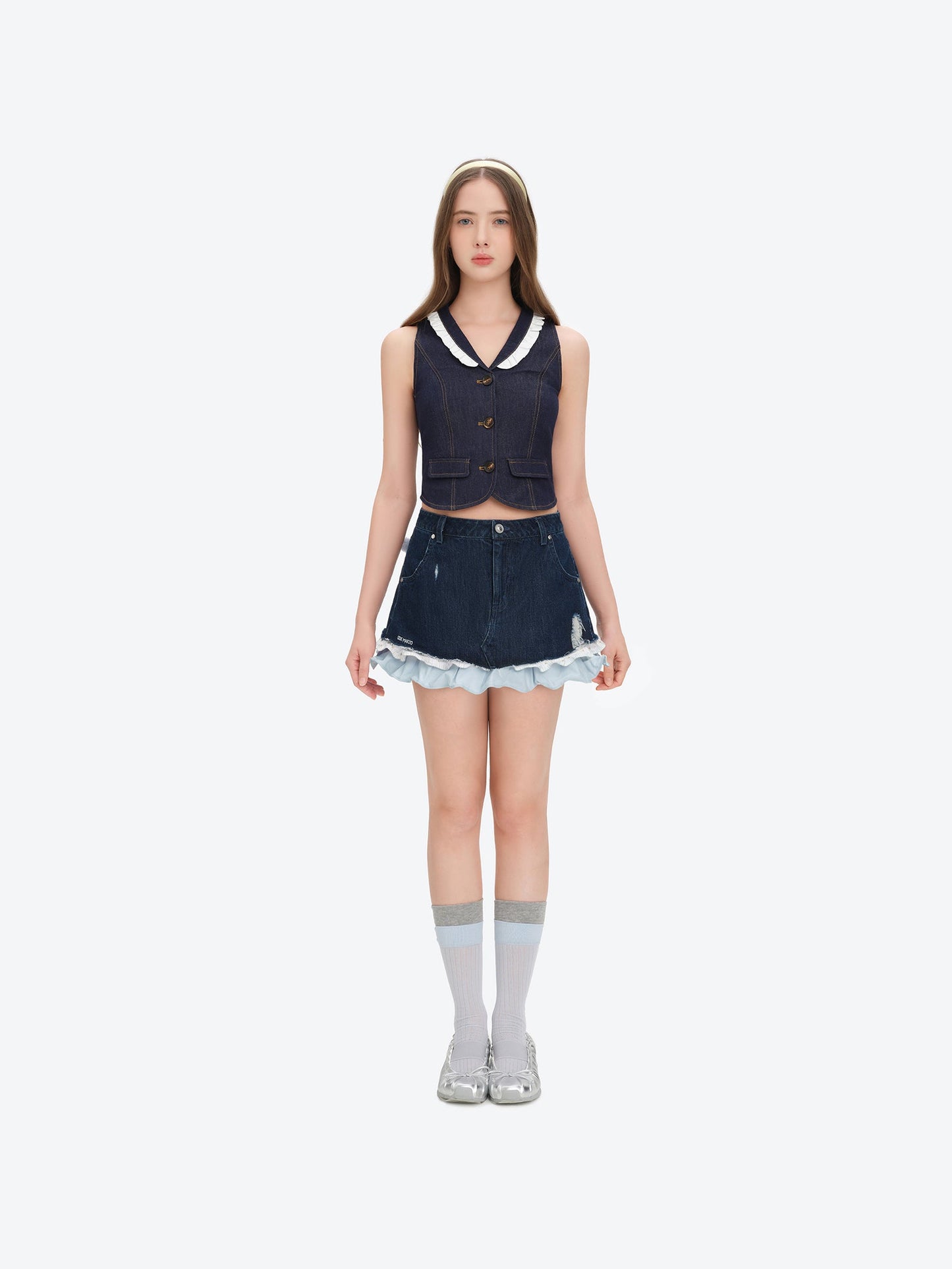 13DE MARZO Two-piece Style Smocked Denim Skirt Navy Blue