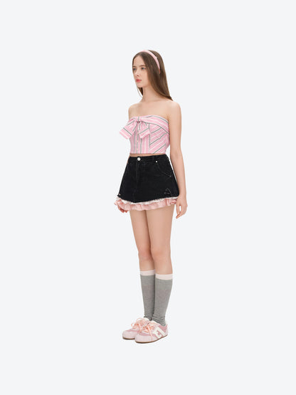 13DE MARZO Two-piece Style Smocked Denim Skirt Black