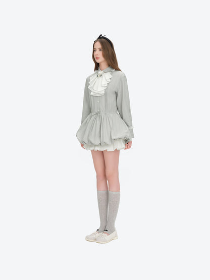 13DE MARZO Smocked Bouquet Sleeve Long Dress Grey