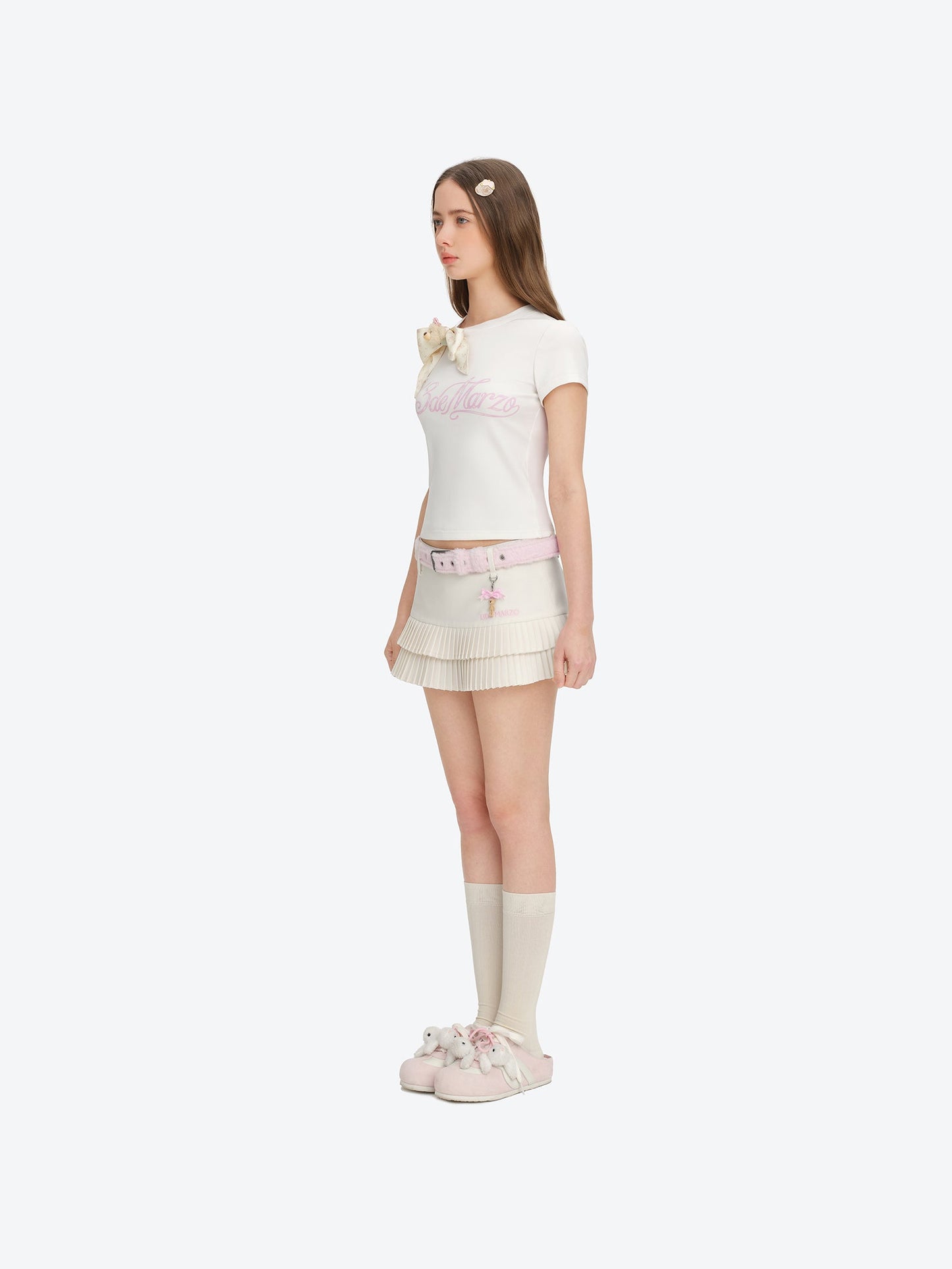 13DE MARZO Cross-Over Collar Button-Strap T-shirt White