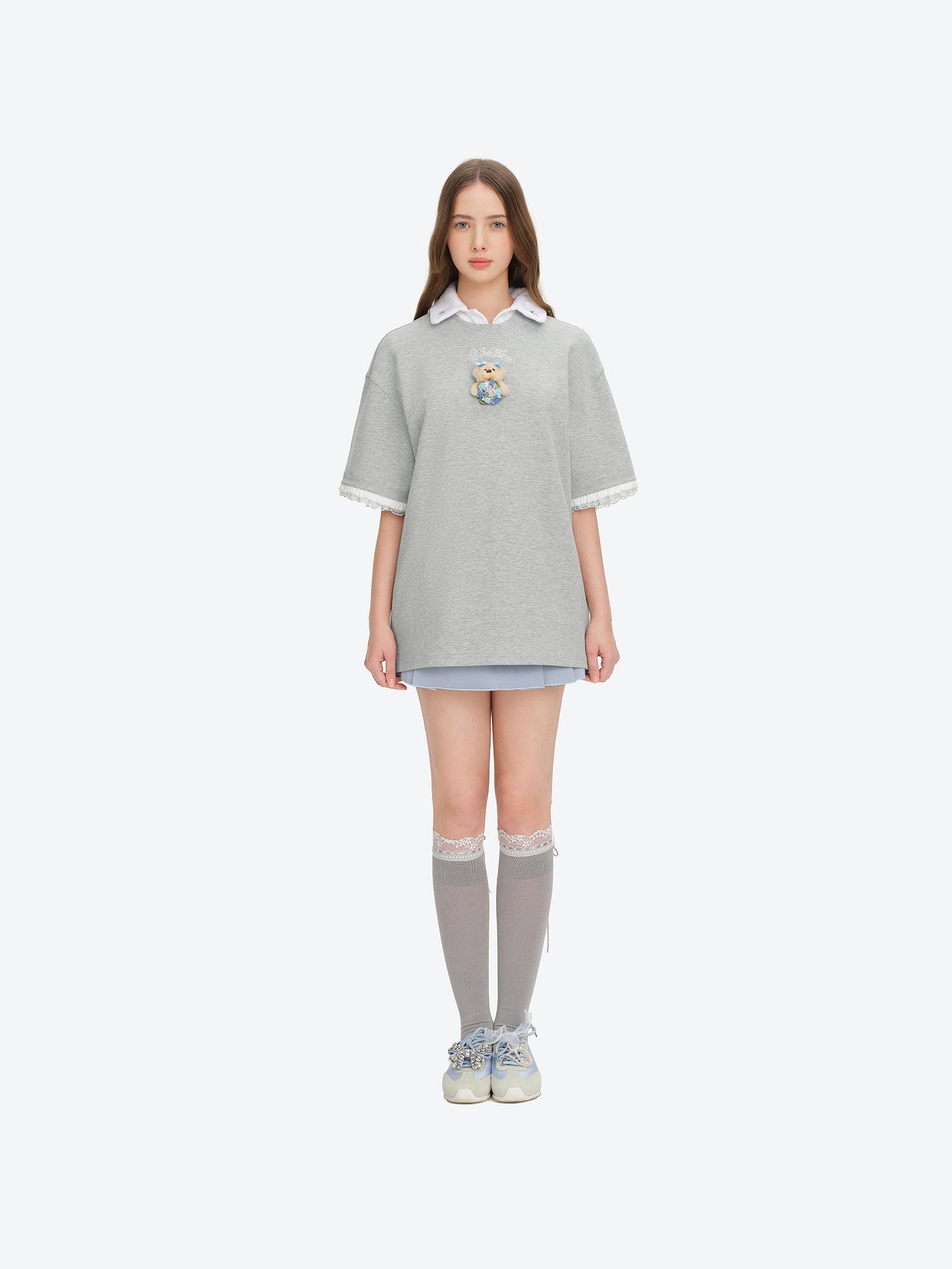 13DE MARZO Bouquet Bear Print T-shirt Grey
