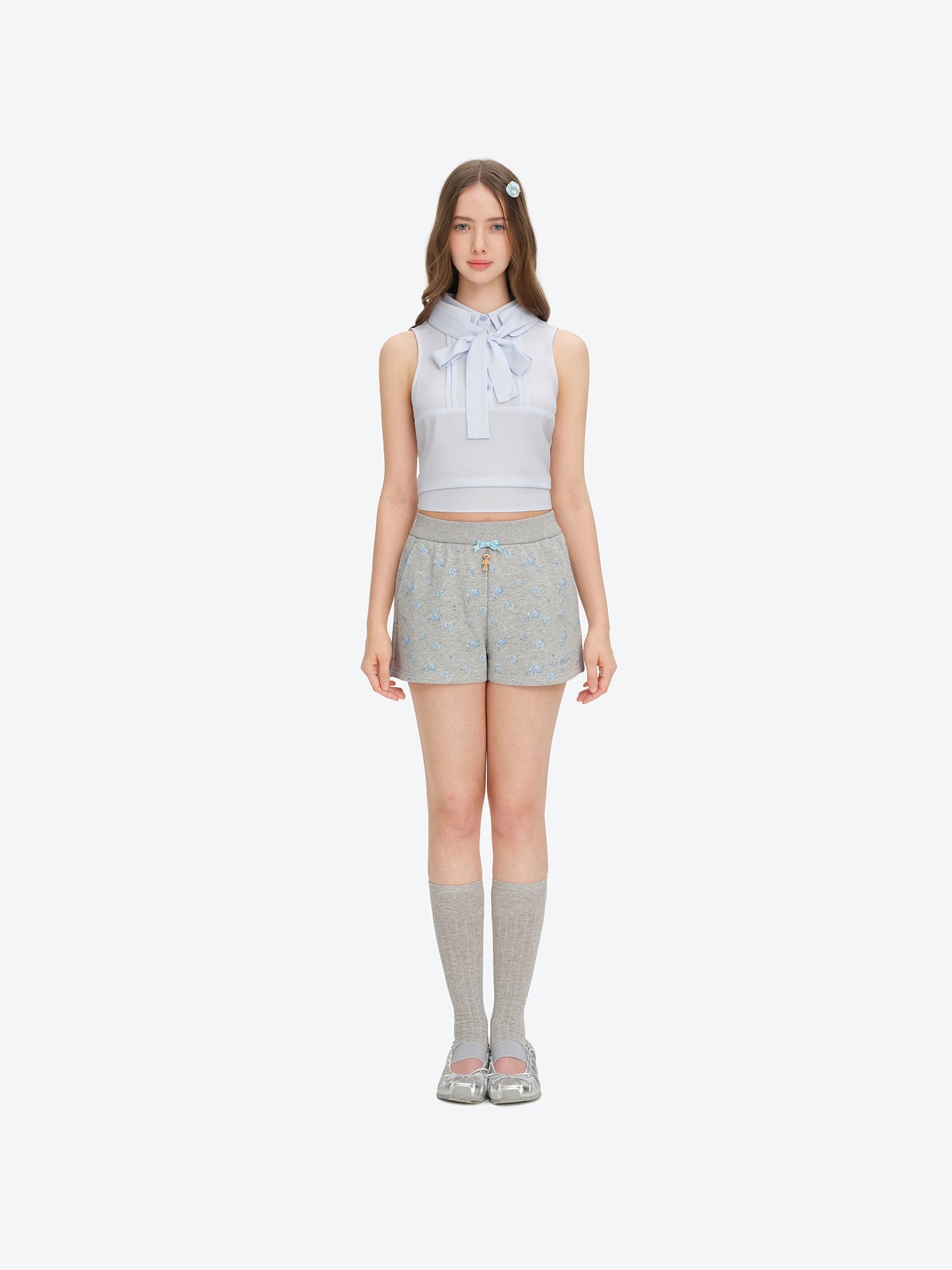 13DE MARZO Floral Print Sweatpants Shorts Grey