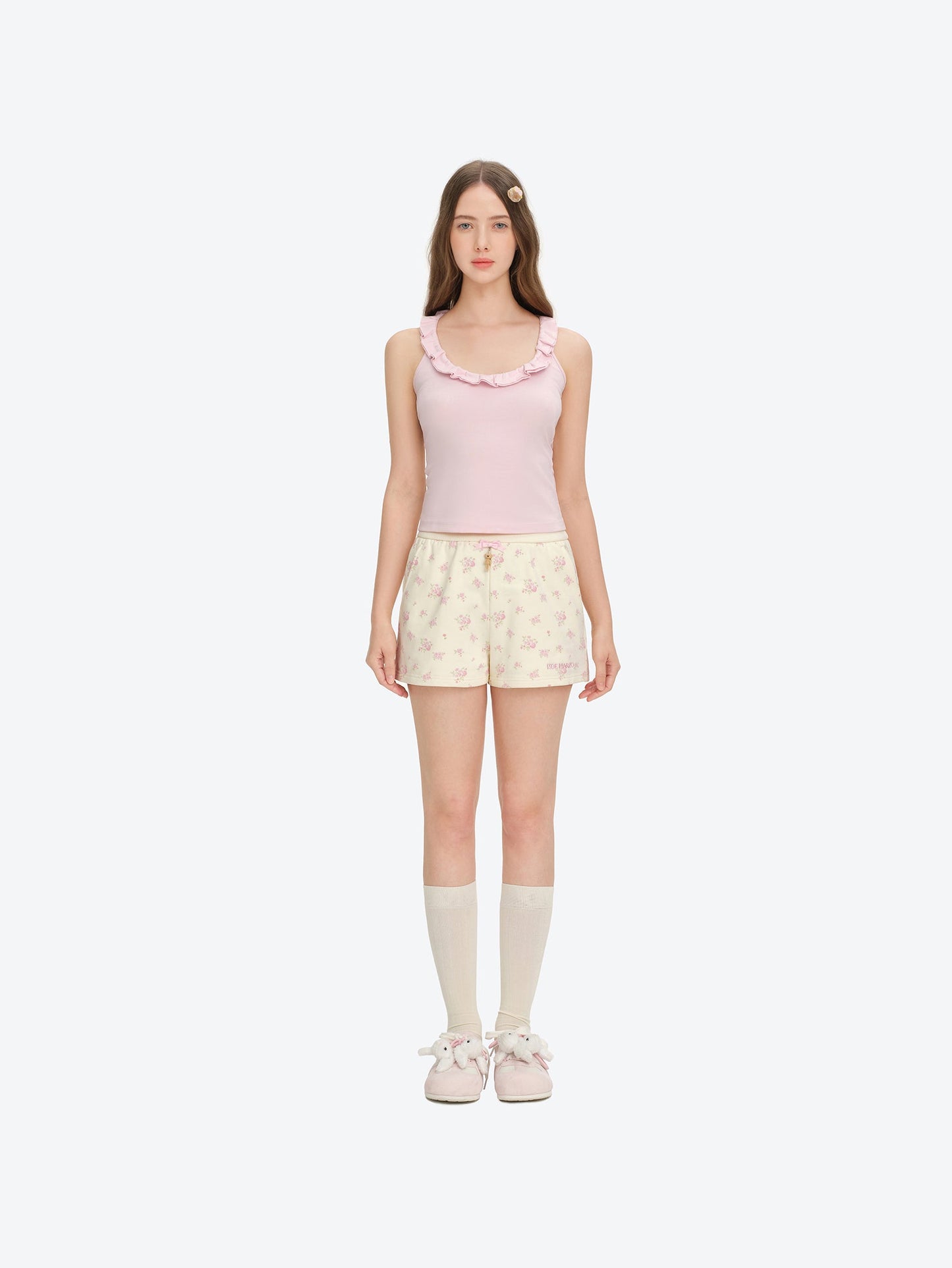 13DE MARZO Floral Print Sweatpants Shorts Beige