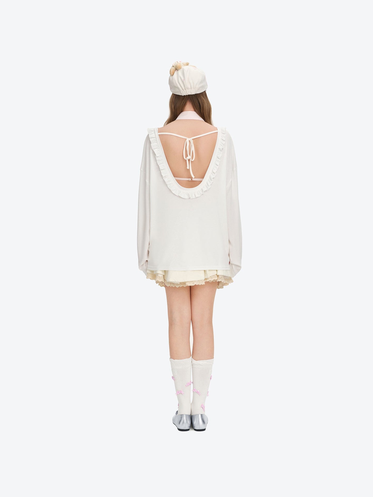 13DE MARZO Embroidered Ruffle Hat Beige
