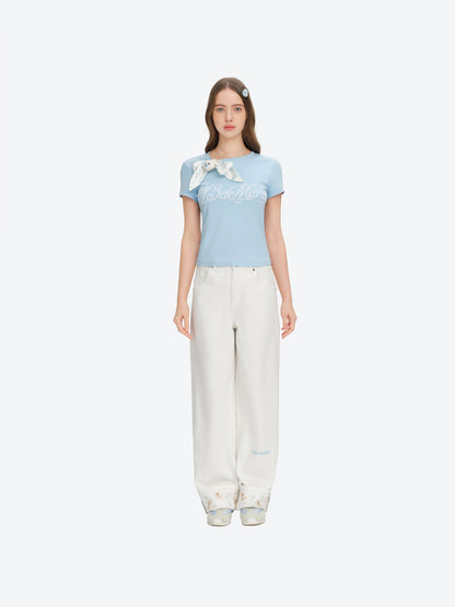 13DE MARZO Cross-Over Collar Button-Strap T-shirt Blue