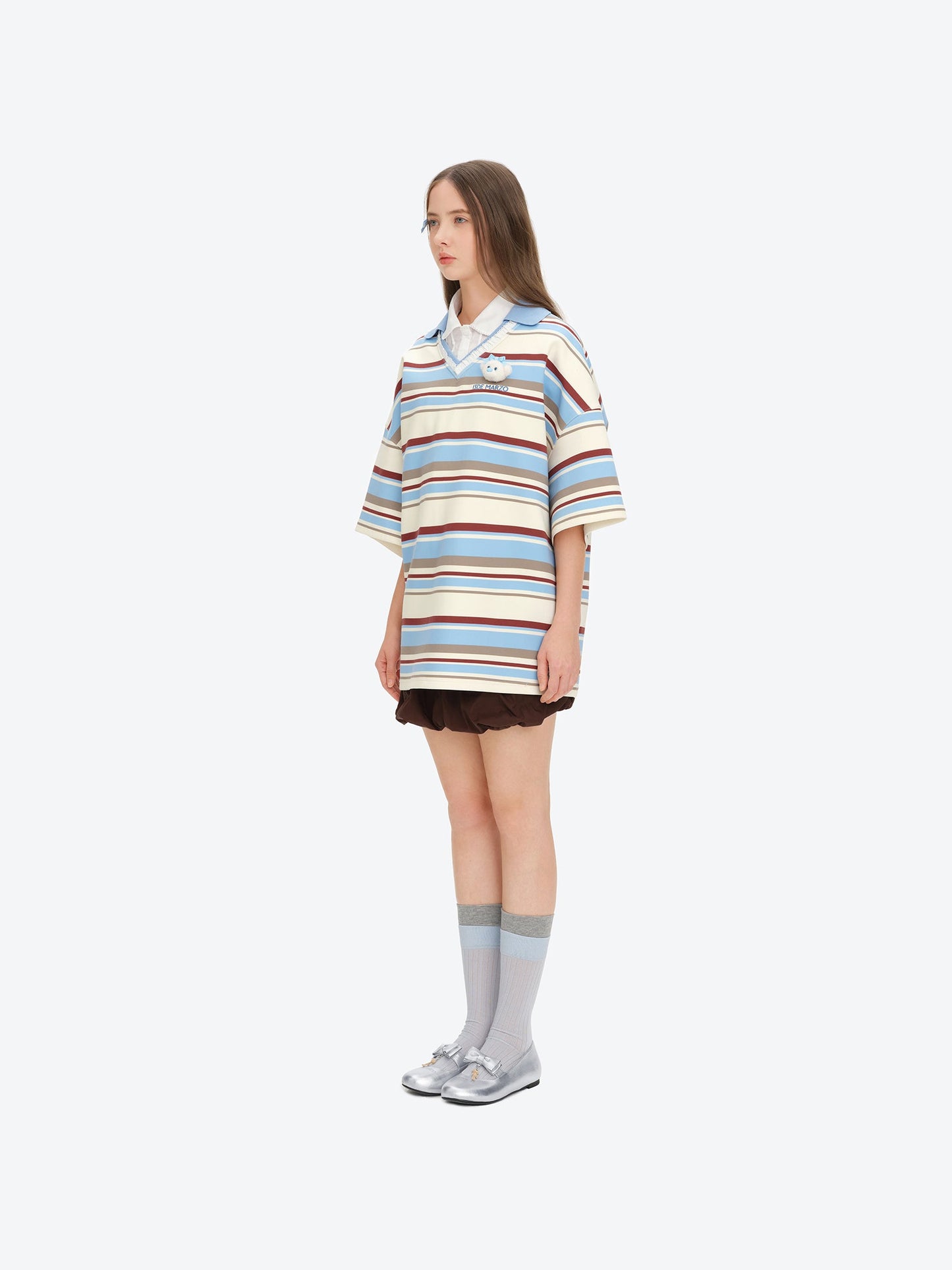 13DE MARZO V-Neck Polo Stripe T-shirt Blue