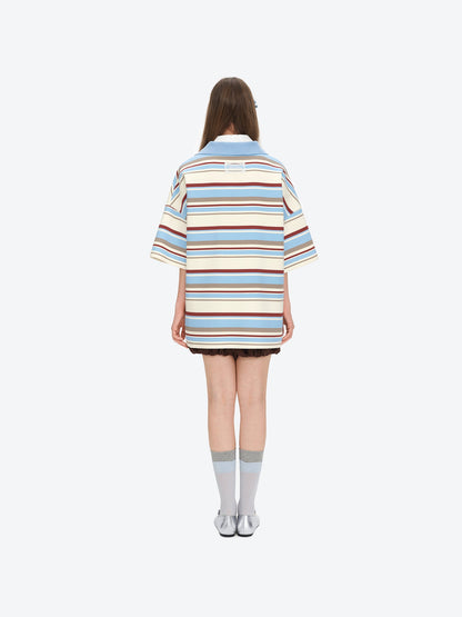 13DE MARZO V-Neck Polo Stripe T-shirt Blue