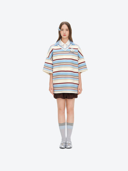 13DE MARZO V-Neck Polo Stripe T-shirt Blue