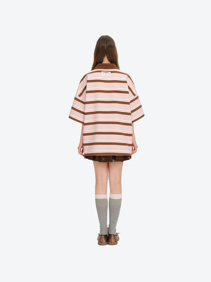 13DE MARZO V-Neck Polo Stripe T-shirt Pink