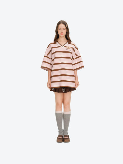 13DE MARZO V-Neck Polo Stripe T-shirt Pink