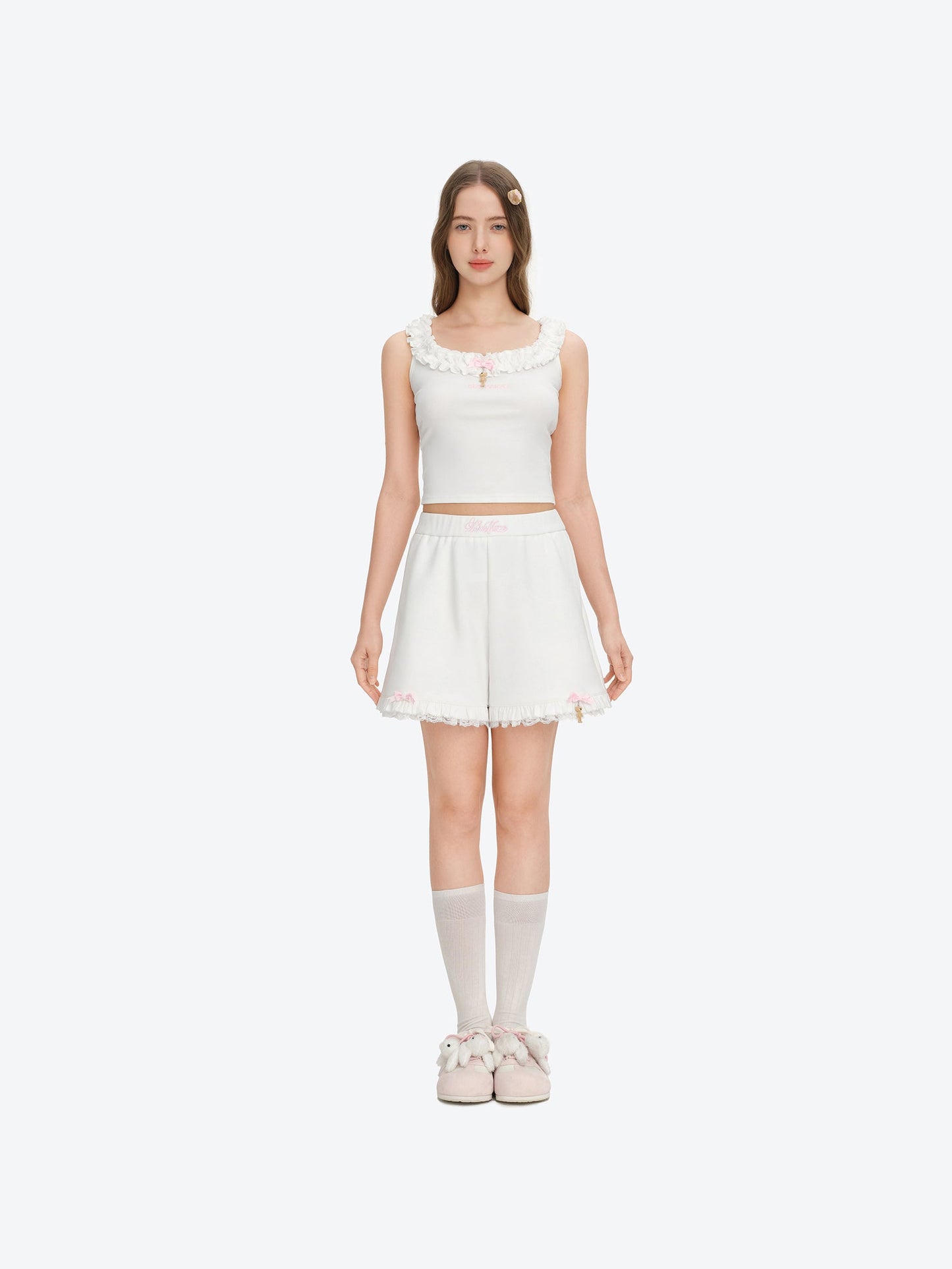 13DE MARZO Lace Trim Crop Sweatpants White