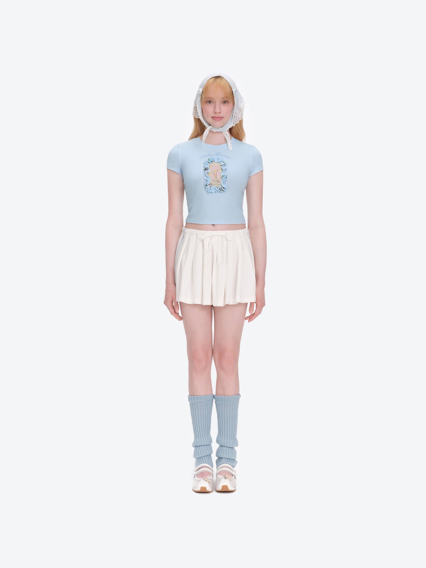 13DE MARZO Floral Illustration Tight Tee Blue