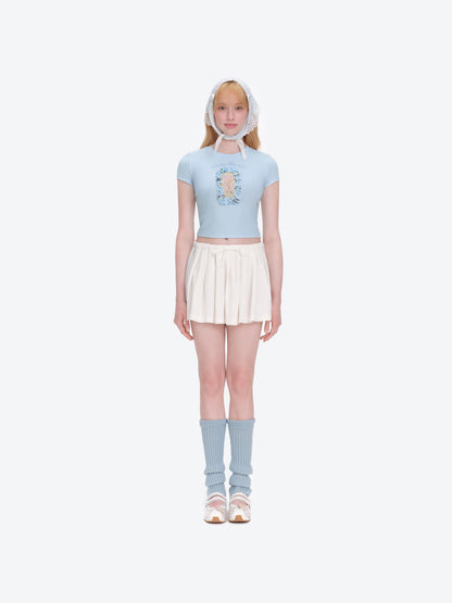 13DE MARZO Floral Illustration Tight Tee Blue