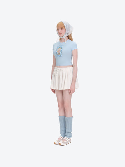 13DE MARZO Floral Illustration Tight Tee Blue