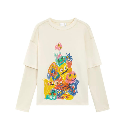 Charlie Luciano Graffiti Print Faux Two-Piece Long-Sleeve Top