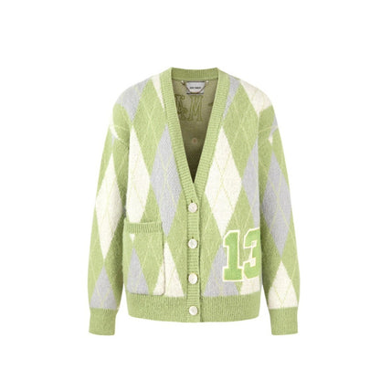 13DE MARZO Vintage Diamond Pattern Cardigan Grass Green