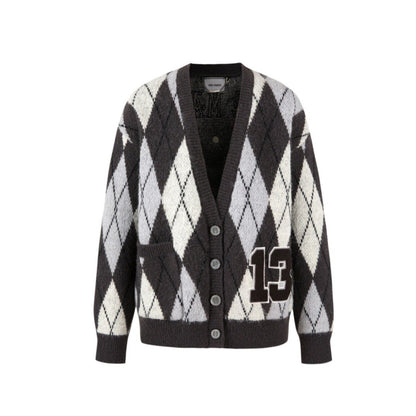 13DE MARZO Vintage Diamond Pattern Cardigan Blackened Pearl