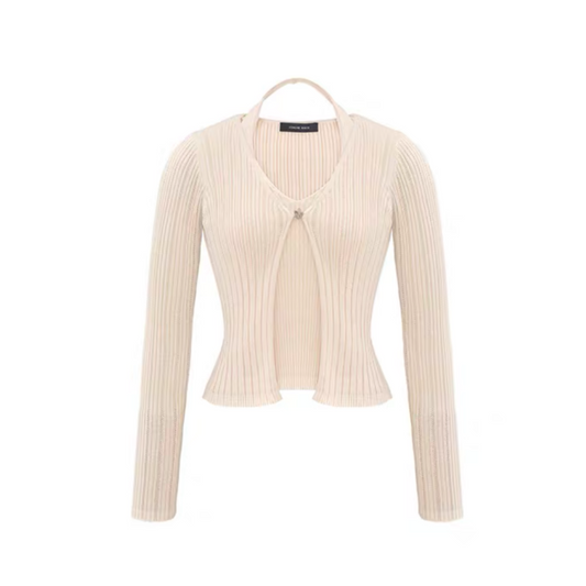 Concise-White Iris Fake Two-Piece Knitted Top Apricot
